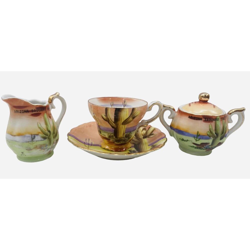 Vintage Arizona Cactus Sugar Creamer Set | Hand-Painted Japanese Desert Scene